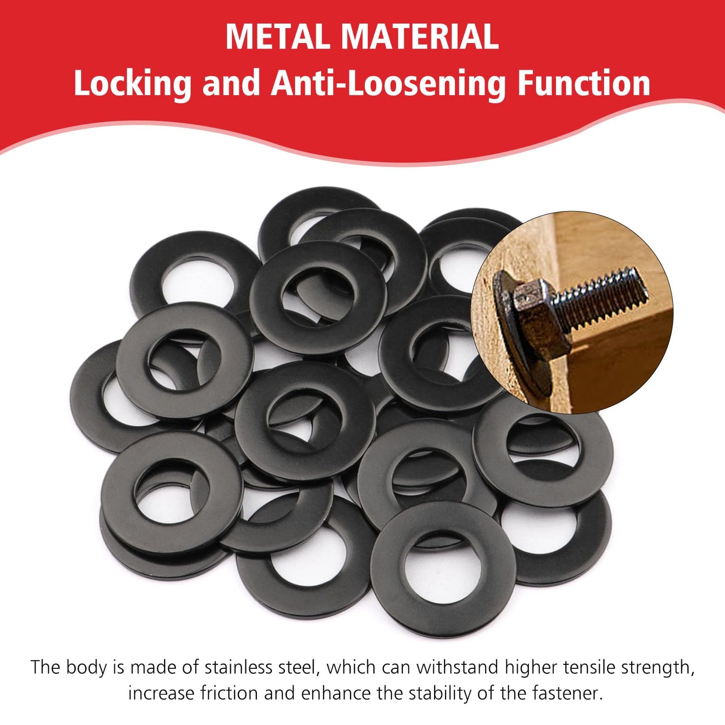 25pcs 5/8'' x 1-5/16'' SAE Black Flat Washers 304 Stainless Steel Universal Flat Washer, 2.5mm Thick