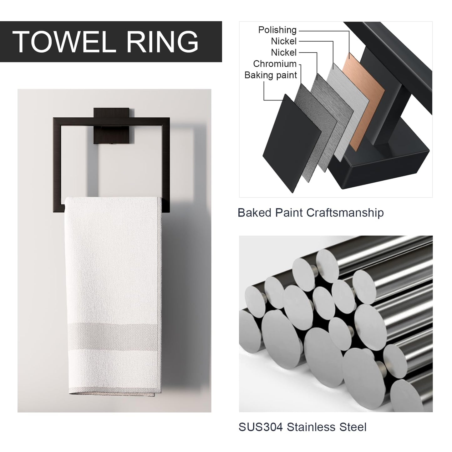 HAWKROWN 5-Piece Matte Black Bathroom Accessories Set, SUS304 Stainless Steel Wall Mounted 16 Inch Hand Towel Bar, Toilet Paper Holder, Towel Ring, Towel Hooks, Bathroom Hardware Set, Towel Bar Set