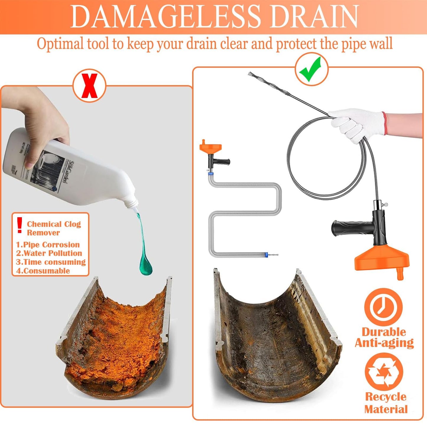 33 Feet Drain Snake Auger, Plumbing Snake Drain Hair Clog Removal Tool, Sink Unclogger Drain, Heavy Duty Drum Auger, Cleaner Tool for Bathroom Kitchen Tub Shower Drain Clog Remover with Gloves，Orange