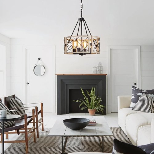 SANTOSTOCK D19'' Farmhouse Chandelier, 4-Light Adjustable Dining Room Light Fixture Kitchen Island Lighting, Rustic Hanging Lights for Entryway Foyer Bedroom Living Room, Black & White Oak