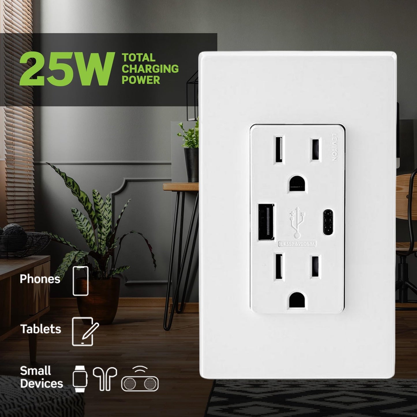 Leviton Type A & Type-C USB In-Wall Charger with 15A Tamper-Resistant Outlet, USB Charger for Smartphones and Tablets, Not for Laptops, T5633-W, White