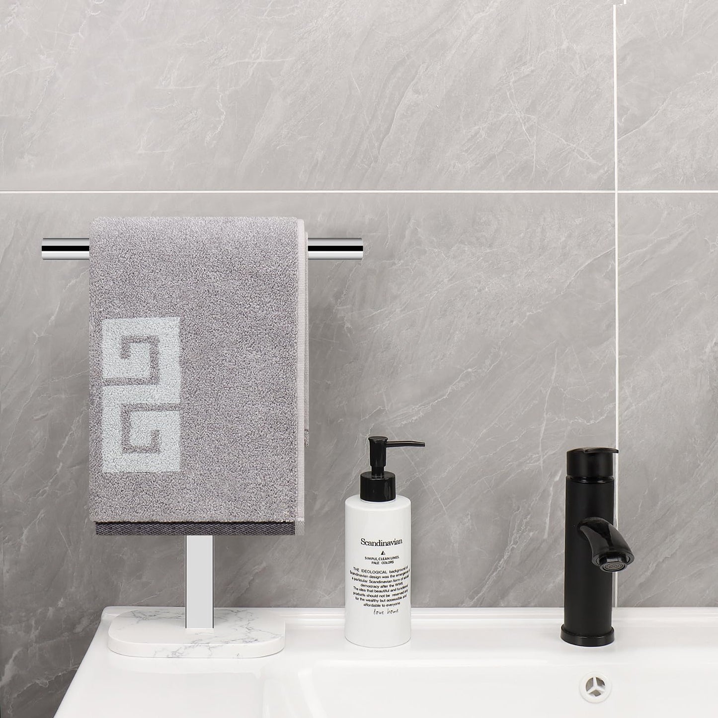 NearMoon T-Shape Hand Towel Holder-Bath Towel Rack-Standing with Balanced Base Towel Bar for Bathroom Kitchen Vanity Countertop, Modern Stand Towel Ring with Marble Base (14 Inch, Brushed Nickel)
