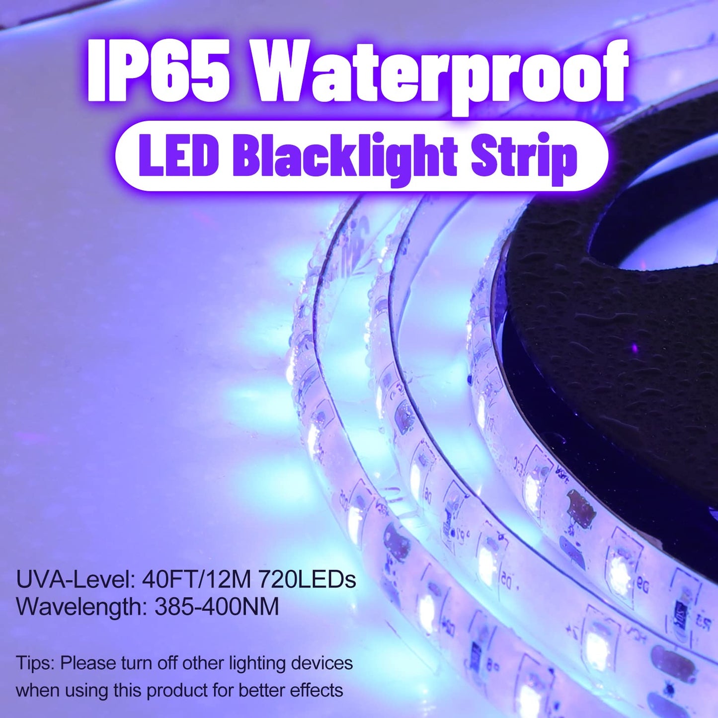 IP65 Waterproof LED Black Light Strip Kit 40ft/12M 720 LEDs, 12V Flexible Blacklight Fixtures, 385-400nm, Black Light LED Strips for Glow Party Body Paint Outdoor Indoor Decor Birthday Party Halloween