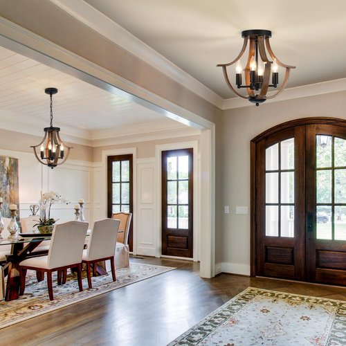 LAMPKEDUO Farmhouse Hanging Pendant Lighting, 4-Light Rustic Flush Mount Ceiling Light Fixture,Modern Faux Wood Vintage Chandelier for Dining Room Kitchen Island Foyer Hallway Entryway Bedroom