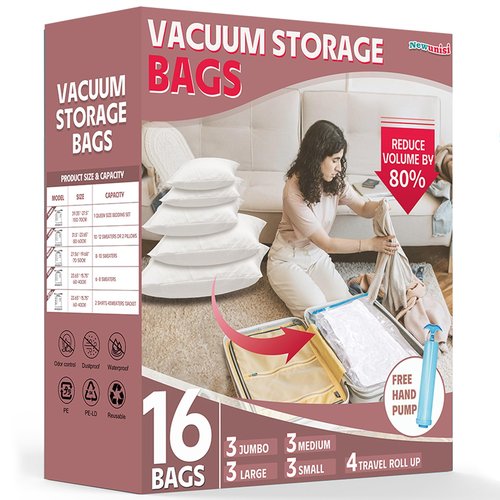 16 Pack Vacuum Storage Bags, Vacuum Seal Bags for Clothing, Comforters, Blankets, Space Saver Compression Bags with Hand Pump.(3×Jumbo, 3×Large, 3×Medium, 3×Small, 4×Roll)