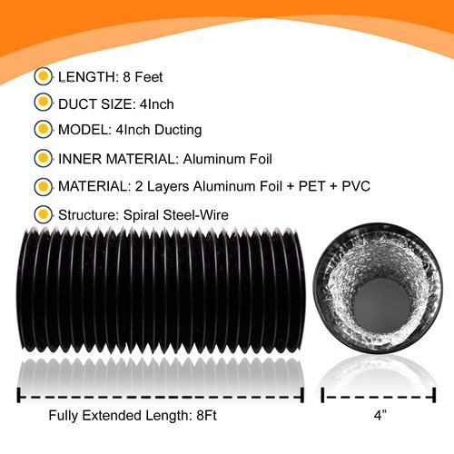 Dryer Vent Hose - 4 inch Flexible Duct, 8ft Long, Heavy-Duty Four-Layer Protection - Ideal for Heating, Cooling, Ventilation - Includes 2 Pack Clamps