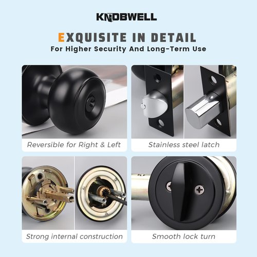 KNOBWELL 3 Pack Keyed Alike Entry Door Knobs and Single Cylinder Deadbolt Lock Combo Set Security for Exterior and Front Door, Keyed Entry Door Locksets with Deadbolt, Matte Black Finish