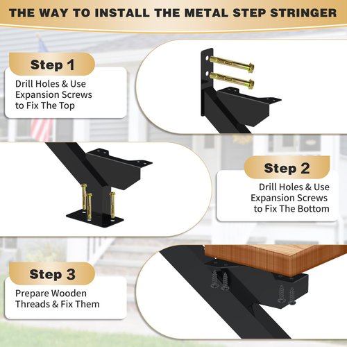 2 Pack Steel Stair Stringer, 3 Steps Stair Riser, Outdoor Metal Step Stringers for 20.7 Inch Height Deck