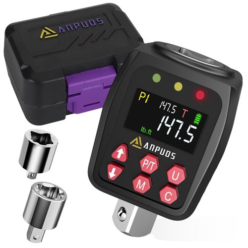 ANPUDS 1/2" Digital Torque Adapter, 7.4-147.5 Ft-lb/10-200 Nm, Digital Torque Wrench Converter with ±1% Accuracy, Preset Value, Data Storage, Buzzer & LED Indicators, 3/8'' & 1/4'' Adapters for Car
