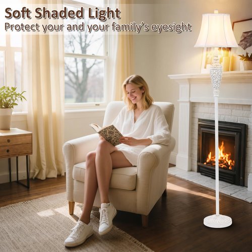 Sheetea 65’’ Vintage Floor Lamp for Living Room, Traditional White Standing Lamp with Carved Resin Base and Foot Switch, Classic Farmhouse Tall Pole Lamp, Bedroom, Office