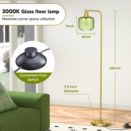 Glass Floor Lamp for Living Room, Modern Standing Lamp with Green Ribbed Glass Lampshade and Pedal Switch, 66” Tall Lamp & Gold Floor Lamp for Bedroom Study Room,Brushed Gold(3000K LED Bulb Included)