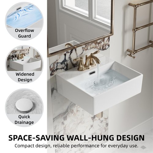 16"W x 14"D Wall Mounted Bathroom Sink With 3 Pre-drilled 4-Inch Faucet Holes, Los Flexi 16 Inch White Rectangular Ceramic Vessel Sink With Overflow, Compact Wall Hung Sinks for Small Bathrooms