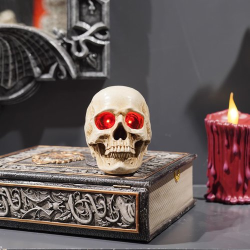 Skeleton Skull Decor Halloween Lights Resin Skull Statues with Red Led Lights 3.5 * 5 * 4.5 Inch,3Pcs Halloween Decoration Indoor Candle Holder 3 x 3.5 x 3.5 InchBraxio (Led Light)