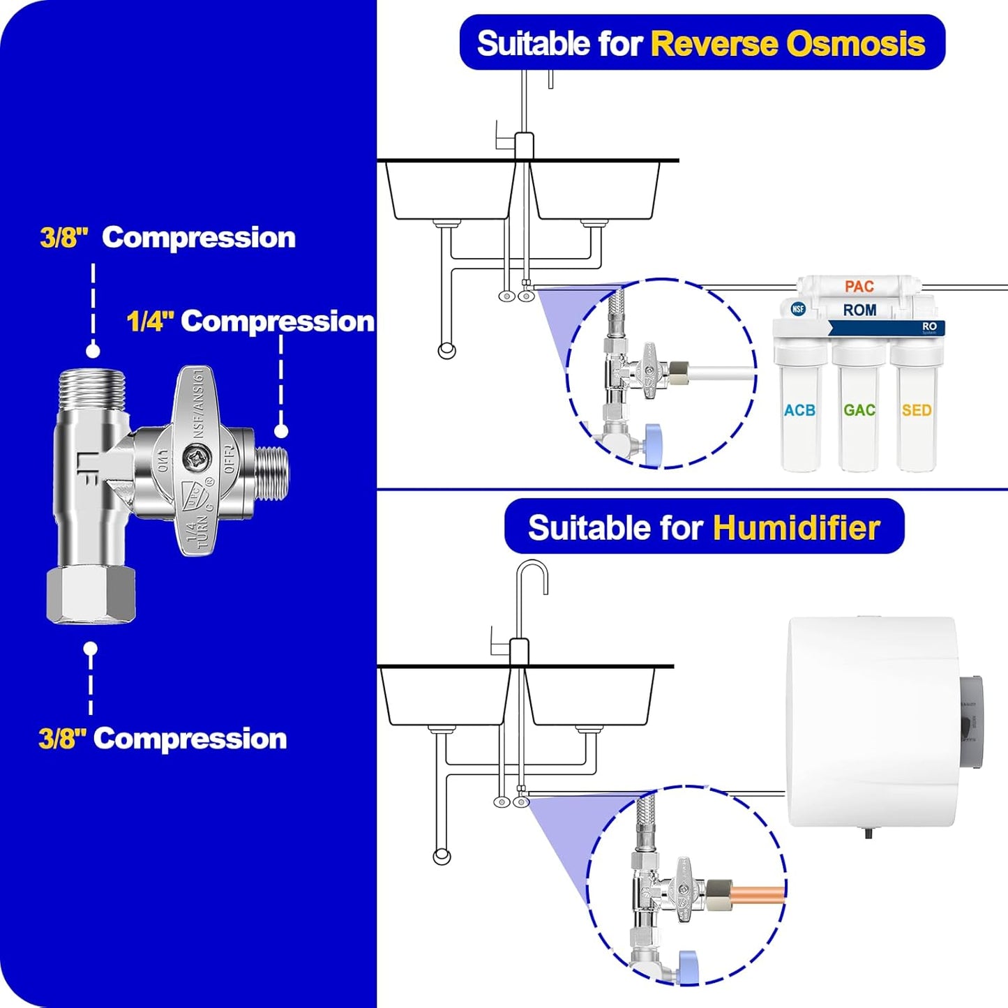 Tee Stop Valve - Lead-Free Add-A-Tee Valve 3/8 Inch x 3/8 Inch x 3/8 Inch,1/4 Turn Brass Extender Tee Connector with Built-in Sealing Gasket for Faucet,Glass Rinser,Dishwasher,Washing Machine