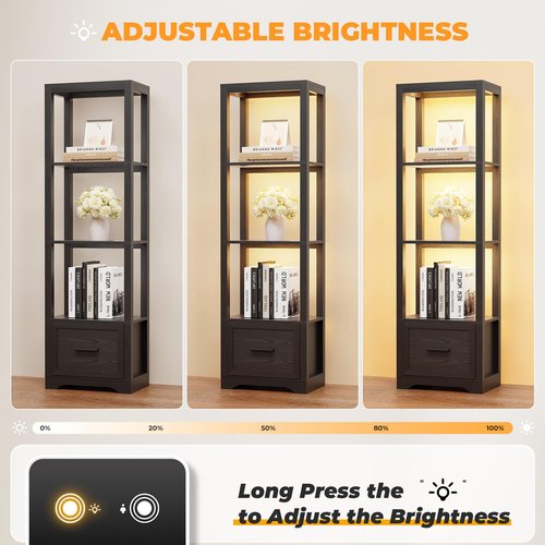 BROTTAR Display Shelf with 3 Color Light, Bookshelf with Drawer, Dimmable Display Cabinet for Collectibles, Bookcase, Display Case for Books, Trophies, Toys, Black