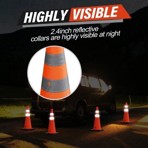 RoadHero 28 Inch Collapsible Traffic Safety Cones with Black Weighted Base, Construction Orange Cones with Reflective Collars for Road Safety, Driving Training, Parking Lots, 2 Pack