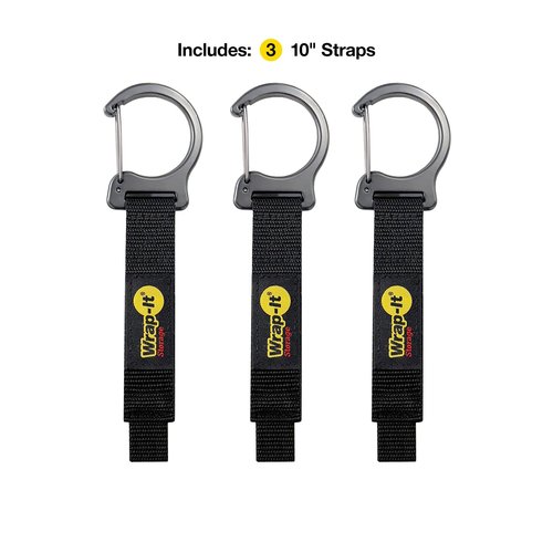 Wrap-It Storage Quick Clips - 10" (3-Pack) Black - Cord Straps with Clips for Hanging to Organize Garage Accessories and Hose Storage