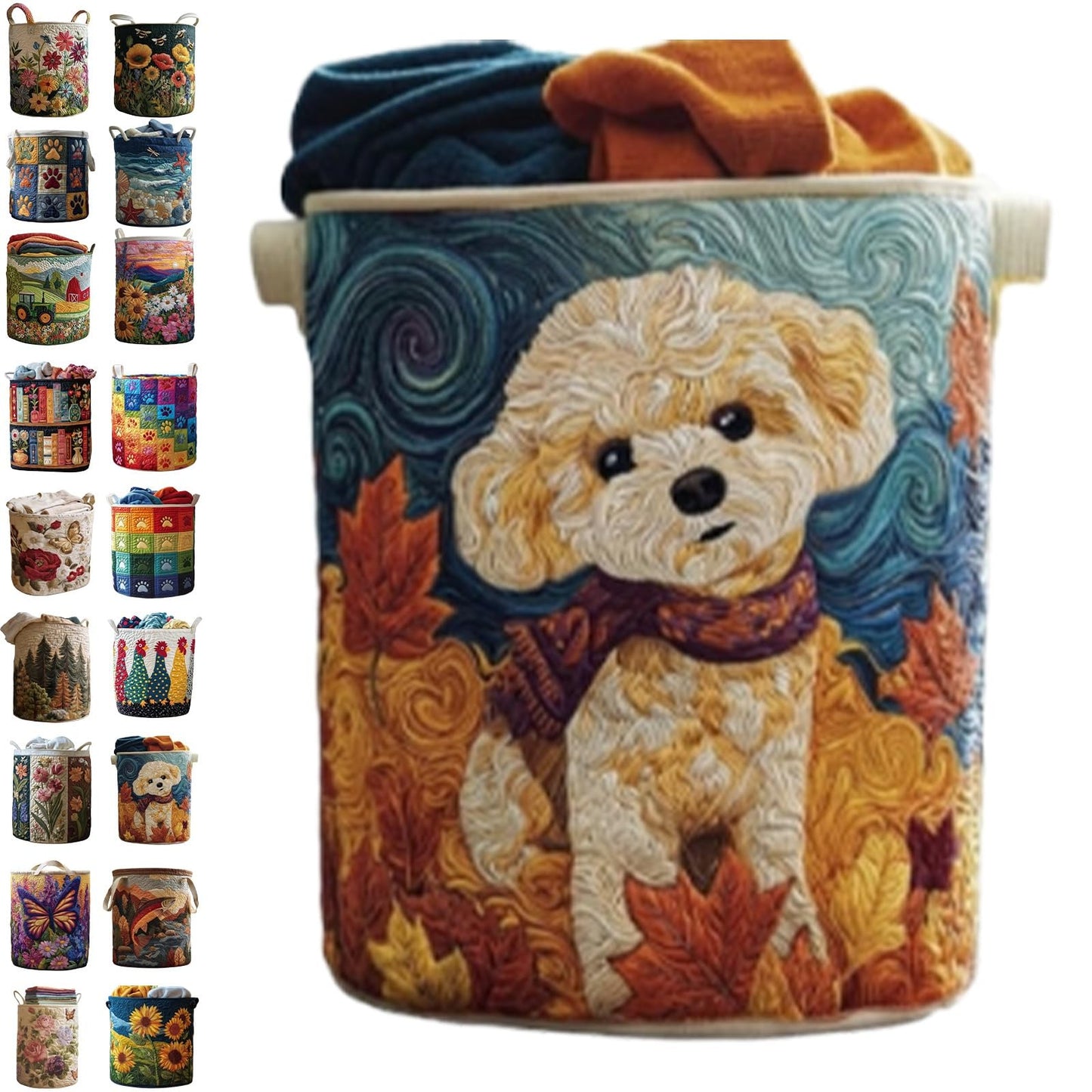 Quilted Laundry Baskets, Large Floral Boho Fabric Storage Hamper with Handles, Collapsible Soft Clothes Organizer Tote for Nursery House Styling, Portable Bedroom Washing Container