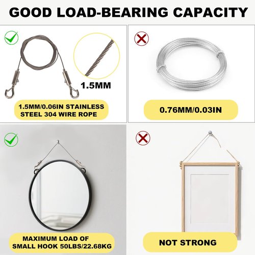 Adjustable Picture Hanging Wire Kit, Supports up to 50lbs Include 4pcs Picture Hanging Wire Hanger Hardware & 8 D Rings & 16 Screws, for Art Pictures Mirrors Billboards Frame Canvas