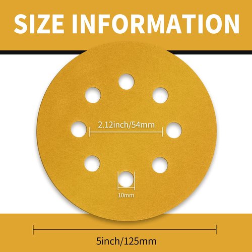Keeimp 100 Pcs 5 Inch Sanding Discs Hook and Loop, 220 Grit Sandpaper for Woodworking or Automotive, 8 Hole Gold Premium Dustless Random Orbit Sandpaper