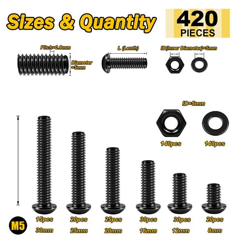 420Pcs M5 Nuts and Bolts, M5 Screws x8mm/12mm/16mm/20mm/25mm/30mm, Metric Screw Assortment 10.9 Grade Alloy Steel, Hex Button Head Cap Metric Screws, Flat Washers/Nuts/Hex Wrenches Black by Mywish