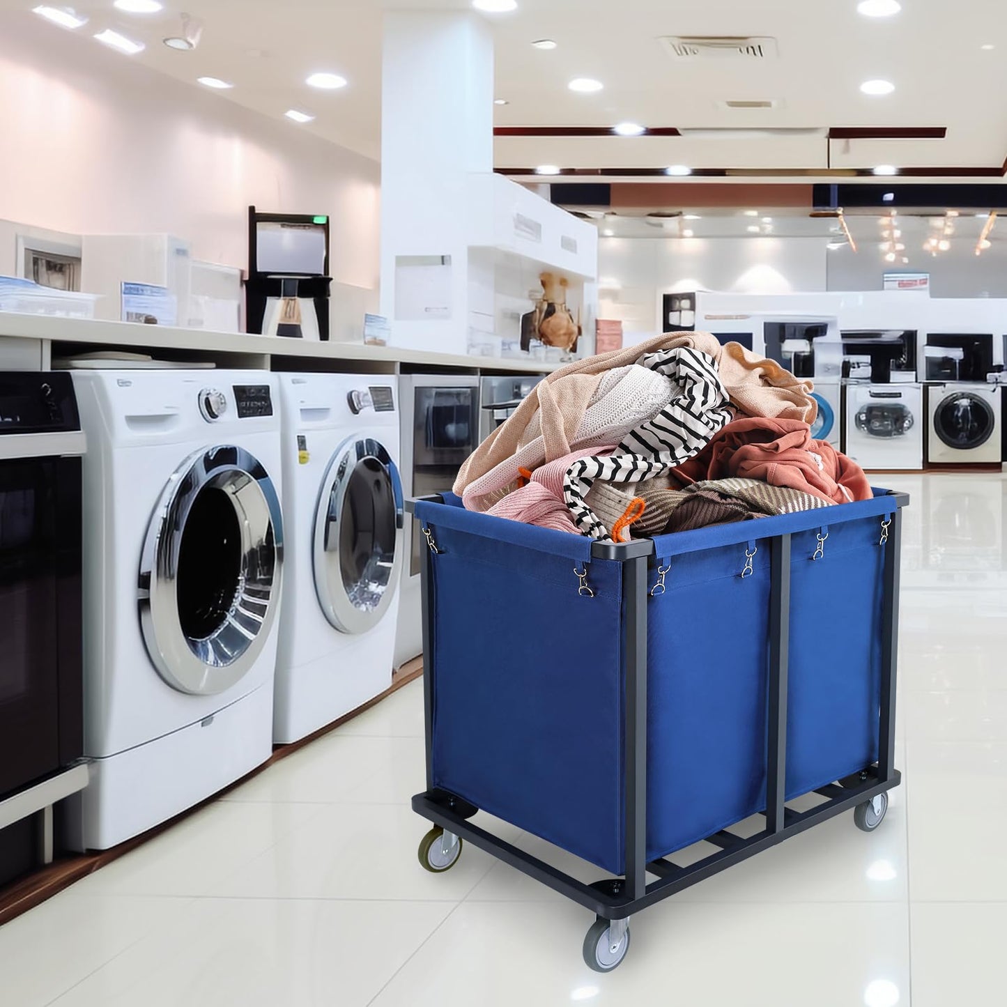Supiezent Commercial Laundry Cart with Wheels,600 lbs Industrial Laundry Cart with Steel Frame and Oxford Cloth Bag,Rolling Heavy Duty Laundry Cart with Wheels for Hotel,Housekeeping,400L(Blue)