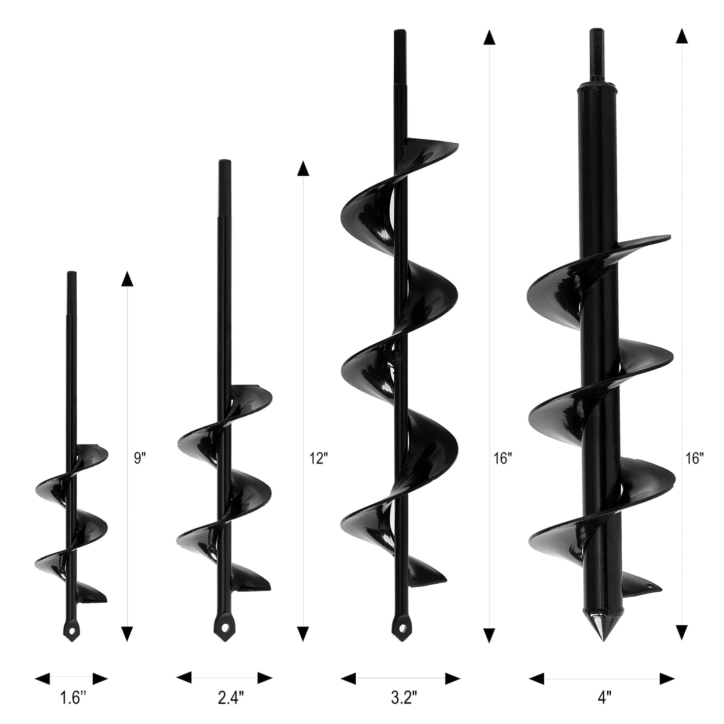 VASGOR Set of 4 (1.6x9, 2.4x12, 3.2x16, 4x16) Auger Drill Bit for Planting - Easy Planter Garden Auger - Bulb & Bedding Plant Augers - Posthole Digger for 3/8” Hex Drive Drill