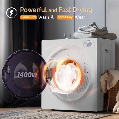 ROVSUN 2.6 Cu.Ft Portable Clothes Dryer, 1400W Fast Drying Front Load Tumble Laundry Dryer with Stainless Steel Tub & LCD Control Panel Six-Mode for Apartment, Home, Dorm