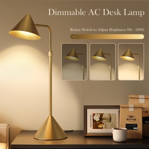 HISEEGO Metal Desk Lamp, 3000k Soft Light Modern Desk Lamp with Dimmer Switch, Adjustable Lighting with Swivel Arm Reading Lamp for Bedside Table, Office Desk, Task Light, Living Room(Gold)