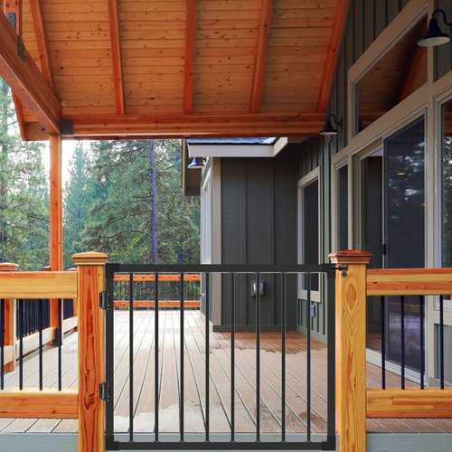 Deck Fence Gate Outdoor, 32''H Gate for 36''H Deck, Black Heavy Duty Steel Anti-Rust Door with Adjustable Width (Up to 48"), Metal Gate for Residential, Yard, Patio(No Hinge)