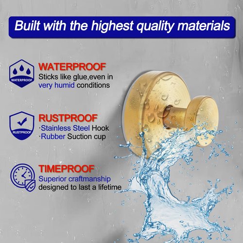 Suction Cup Hooks for Shower, Removable Towel Hooks for Bathroom Window Glass Door Wall, Bath Robe Looafh Hook for Hanging - 2 Pack, Gold