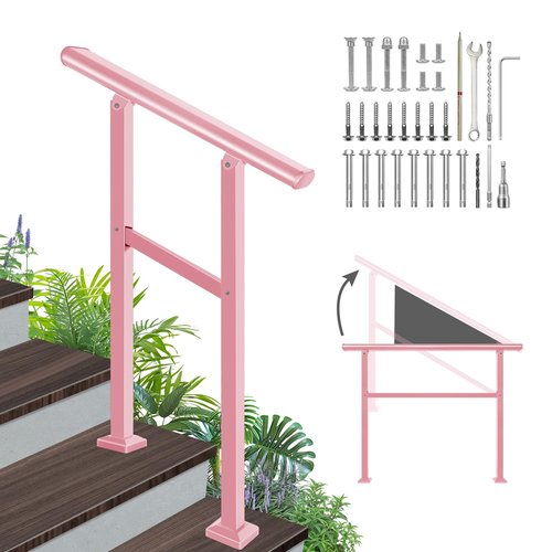 Adjustable Handrails for Outdoor Steps – Pink Metal Stair Railing with Flexible Angle Design, Porch Railing Fits 1 to 2 Steps or Horizontal Use, Unique Wrought Iron Hand Rails with Installation Kit