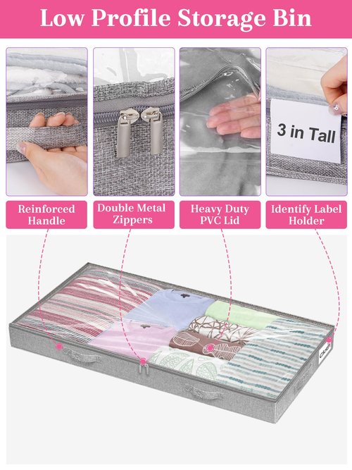 Low Profile Under Bed Storage, 3 Inches High Underbed Storage Containers Bins, NO STRUCTURE, Foldable Clothes Storage and Organizer with Lid & Zipper, Shallow Storage for Low Bed Couch Crib, 2-Pack
