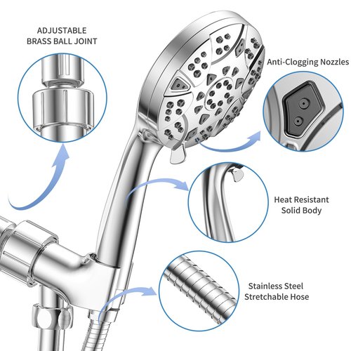 High Pressure 8-mode Handheld Shower Head with 5 ft Stainless Steel Hose and Adjustable Bracket, Built-in Power Wash to Clean Tub, Clean Corner,Tile & Pets