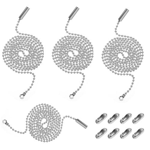 4Pcs Ceiling Fan Pull Chain Extender 1 Meter Stainless Steel Pull Chains String Extension qith Connector,3mm Beaded Ball Light Switch Chain Extender for Ceiling Fans and Light Fixtures