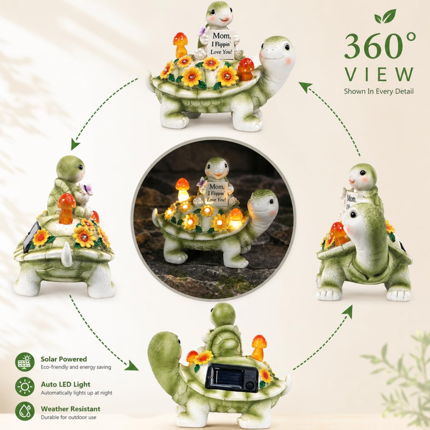 Season 2 Season Solar Turtle Garden Statue 7.5 inches, I Flippin Love You Tortoise Figurine with 7 LED Lights, Outdoor Lawn Decor for Patio, Yard, Balcony, Birthday for Mom, Grandma, Women