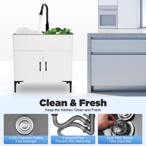 Knwigoe 30in Laundry Sink with Cabinet and Pull-Out Sprayer Faucet,Stainless Steel Utility Sink with Double Bowl, Soap Dispenser, Drain Basket Freestanding Kitchen Sink for Laundry Room, Garage White