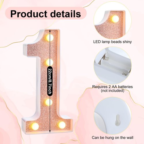 Treela 8.7'' Birthday Decorative LED Light up Numbers, Glitter Marquee Number Sign for Night Birthday Party Decorations Anniversary Bar LED Sign Backdrop Wall Table Centerpieces(16th,Rose Gold)
