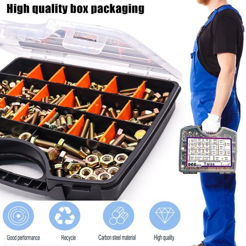 Taiss 966pcs Grade 8.8 Metric Bolt Assortment,Metric Bolts and Nuts Assortment,Bolt Kit M4 M5 M6 M8(12-30mm) Heavy Duty Hex Bolts and Nuts Kit Flat/Lock Washer Yellow Zinc Plated,with Handheld Box