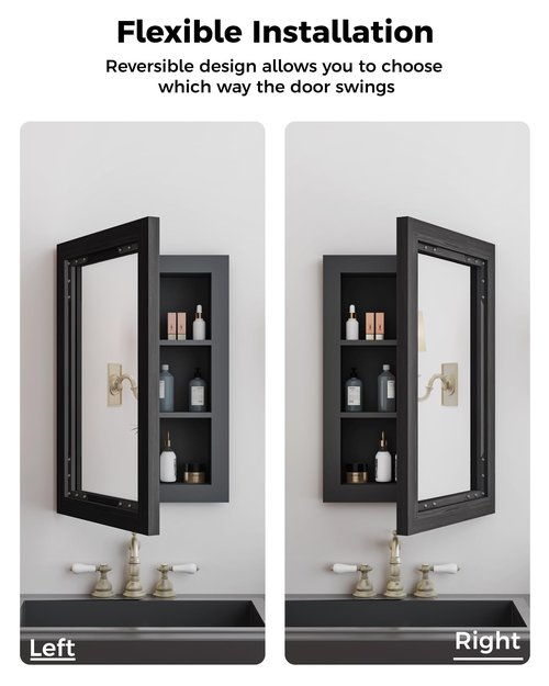 FLYJOE Medicine Cabinet Mirror 16x24 Inch Farmhouse Bathroom Mirror Door Solid Wood Storage Cabinet with Adjustable Shelves, Wall Mounted for Bathroom Living Room, Black