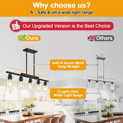 37" Farmhouse Dining Room Light Fixture Over Table, 5-Light Matte Black Wood Kitchen Island Lighting with Clear Glass Shade, Pendant Lights Linear Chandeliers for Dining Room Kitchen Island