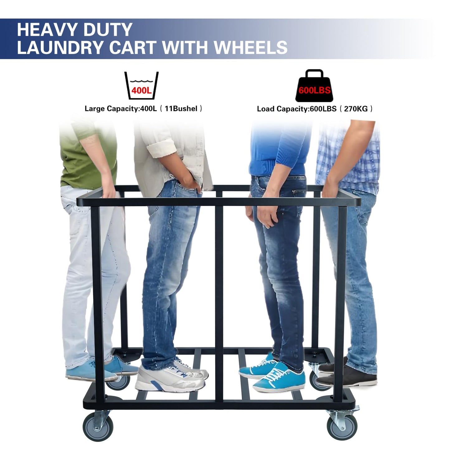 Supiezent Commercial Laundry Cart with Wheels,600 lbs Industrial Laundry Cart with Steel Frame and Oxford Cloth Bag,Rolling Heavy Duty Laundry Cart with Wheels for Hotel,Housekeeping,400L(Blue)