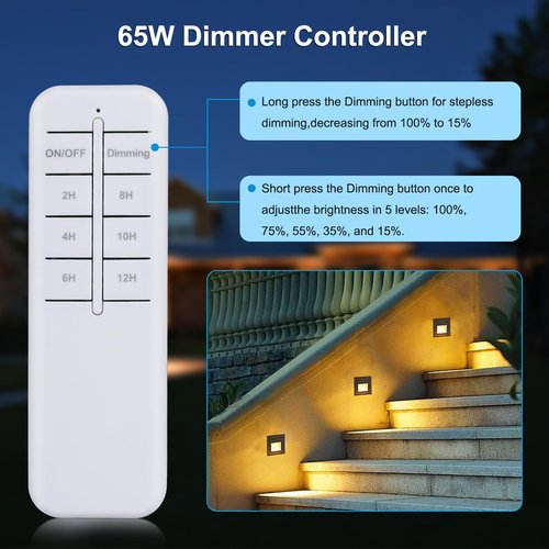 SMY Lighting 65W LED Lights Dimmer with RF Remote Controller and Timer Input AC/DC 12V Dimmer Waterproof IP67 for Low Voltage Lights
