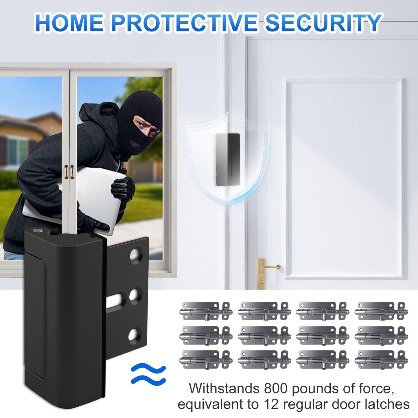 U 11126 Door Reinforcement Lock, 3'' Stop, Aluminum Construction, Add Extra High Security to Your Home and Prevent Unauthorized Entry, Black