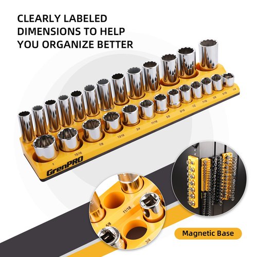 Socket Organizer for Tool Box Drawer, GRENPRO 6pc 143 Metric & SAE Magnetic Socket Holder, 1/4", 3/8", 1/2" Drive Socket Tray Set, Magnetic Socket Organizer