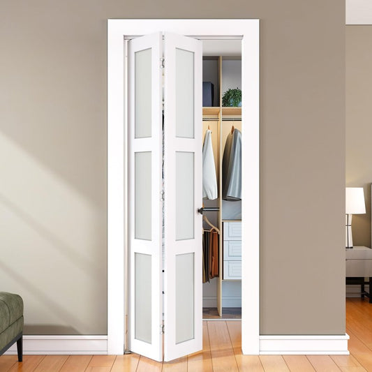 SMARTSTANDARD Bifold Door, for 28"x 80" Opening,Tempered Frosted Glass Closet Folding Barn Door with Hardware Kit, Water-Proof PVC Surface,Easy Install,White