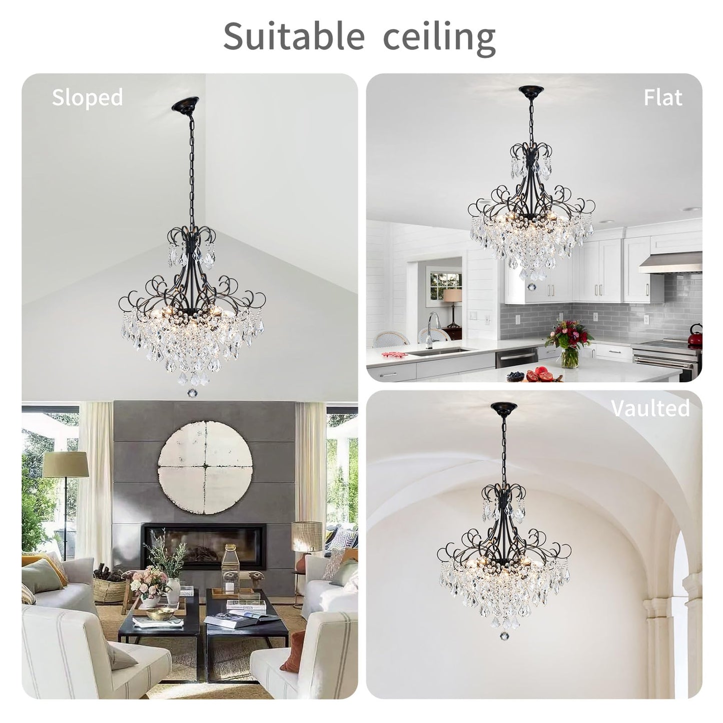 WUZUPS Crystal Chandelier 10-Light Pendant Ceiling Light Modern Lighting Fixture for Dining Room Hallway Bedroom Kitchen Bathroom, H 27.6" x W 22.8", E12 Base, Black