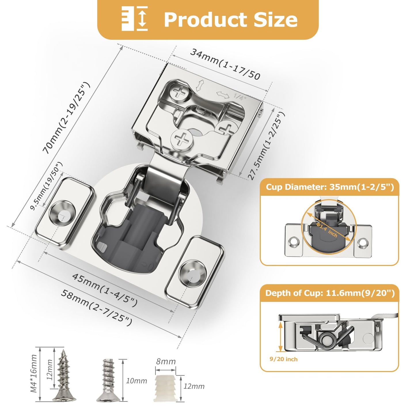 Furniware 2 Pieces 1/4" Small Overlay Concealed Face Frame Hinges, 105° Open Angle 4 Level Soft Close Screw On Compact Cabinet Hinge,for Face Frame Door, Soft Close On/Off Switch, Self Closing