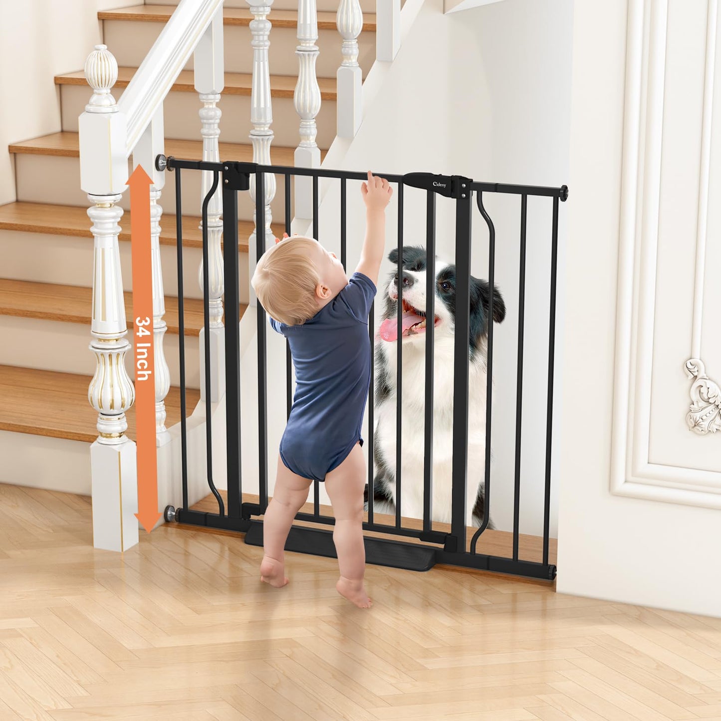 Cideny 34" Extra Tall Baby Gate for Stairs, Auto Close Stroller Friendly Dog Gate Indoor for Doorways, Pressure Mounted 29"-40" Wide Baby Gate, Easy Walk Through Gate for Children & Pets, Black