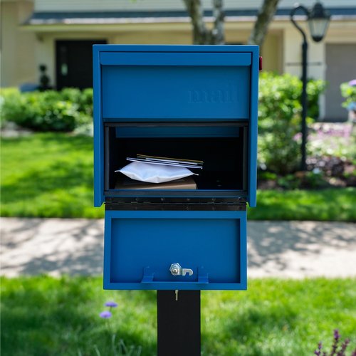 Adoorn Lockable Post Mount Mailbox | Small (Black), Size 12 x 12 x 18.5 (HxWxD) Anti-Theft Locking Mailbox with 2 Keys, Modern Mailbox with Flag, Weatherproof Mailboxes for Outside